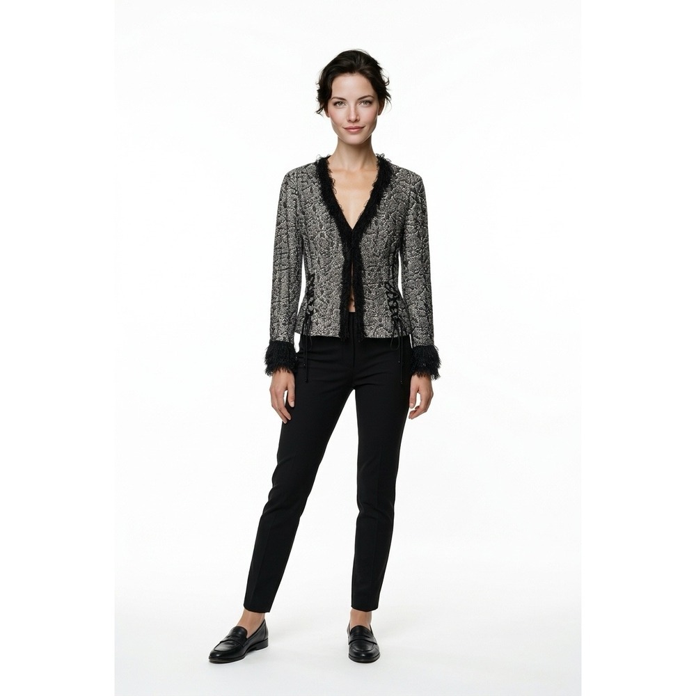 St John Collection Grey Black Knit Jacket Eyelash Fringe Lace Up Side SizeMedium